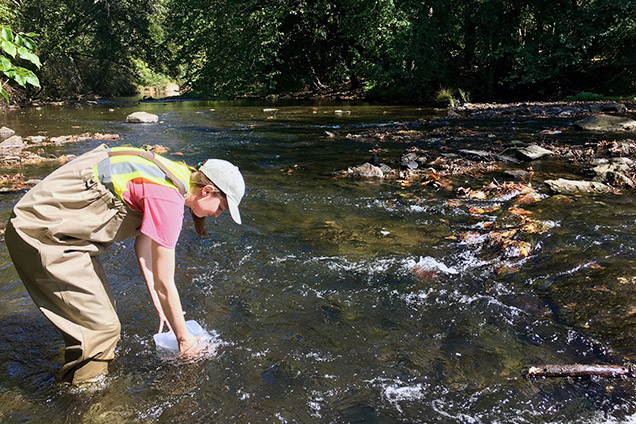 scientist samples water from stream