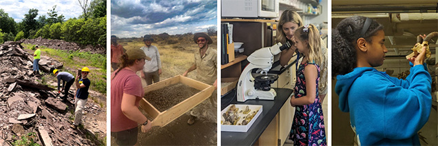 collage of photos showing field work sifting for fossils child at a microscope and a WINS student looking at a skull.