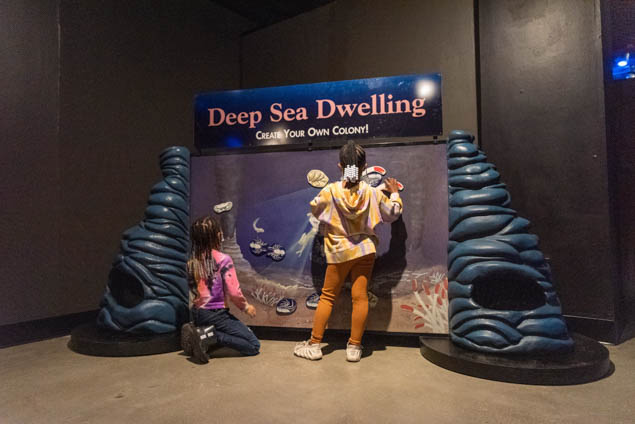 two girls stand next to deep see dwelling exhibit with fish