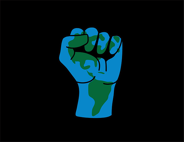 environmental justice -fist with globe painted on