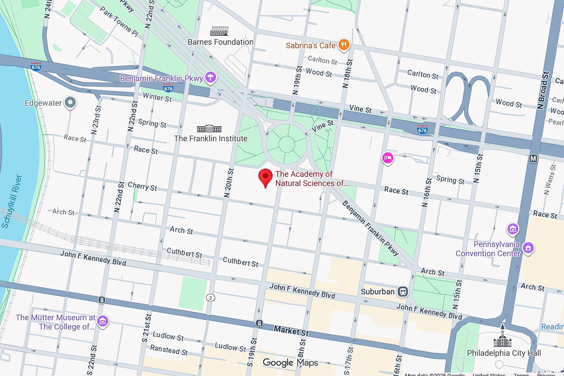 An overview map from Google to the Academy of Natural Sciences of Drexel University.
