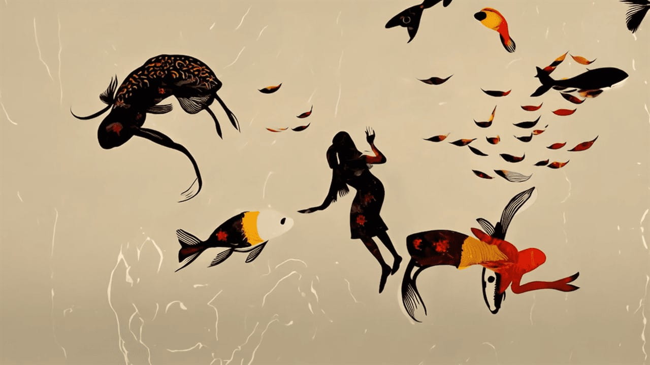 An animated image of several fish surrounding a silhouette of a woman.