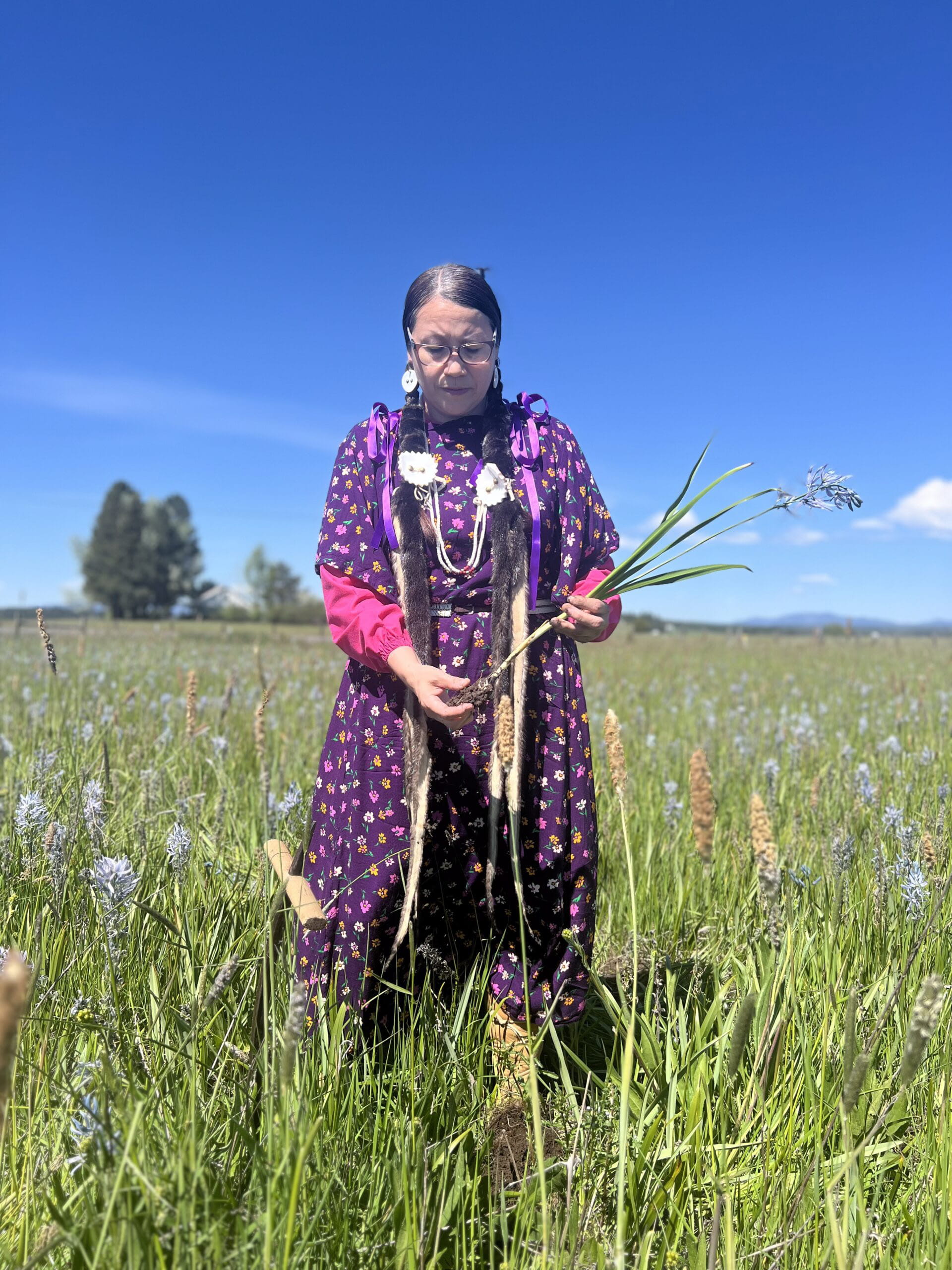 Person standing in a field holding a native plant wearing a purple garment.