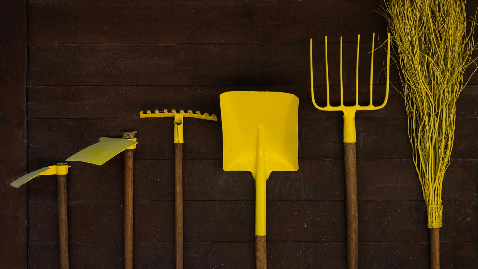 6 yellow gardening tools lined up along a brown wood table.