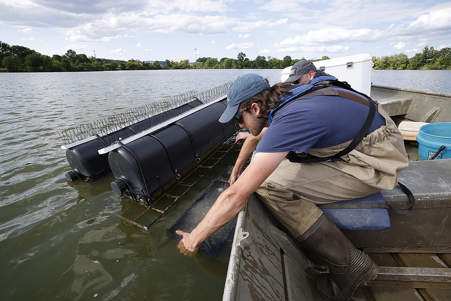 Scientist on a boat placing trays in the water for mussel collection