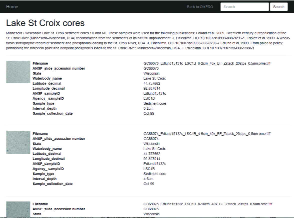 A screenshot of a database of Lake St Croix cores