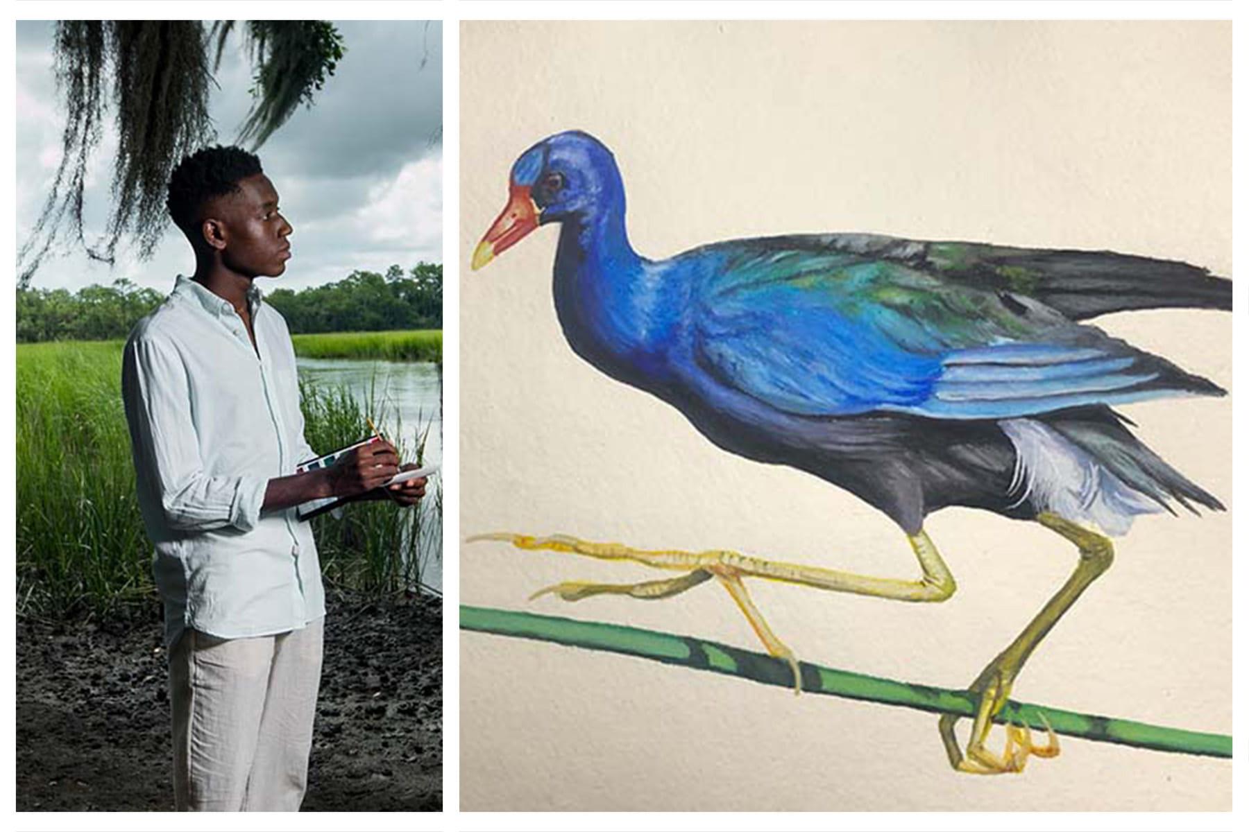An image of eckelberry recipient, Isaiah Scott, and their watercolor image of a bird.