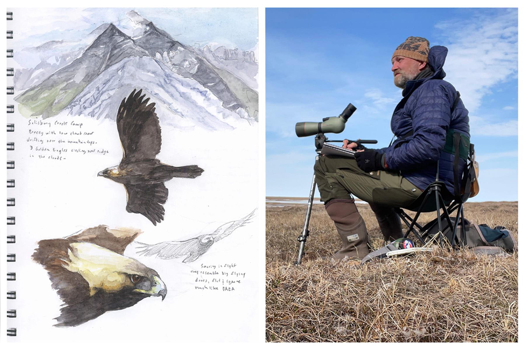 An image of eckelberry recipient, michael boardman with one of his sketches of an golden eagle.