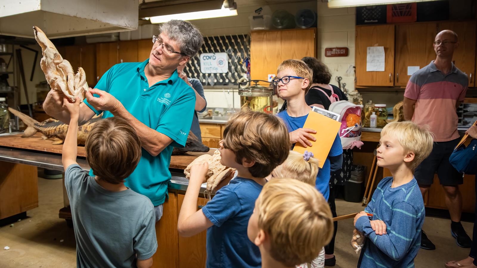 An academy scientist showing off a shark skull to members.