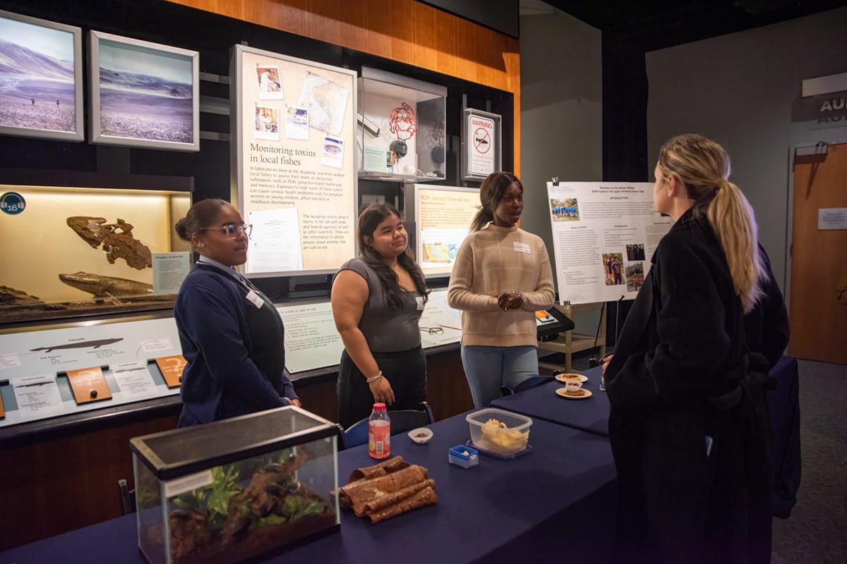 Three women speaking with a guest of the museum.