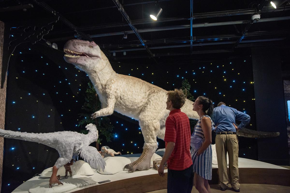 Visitors experience ice dinosaurs, with a large t-rex and a small velociraptor.