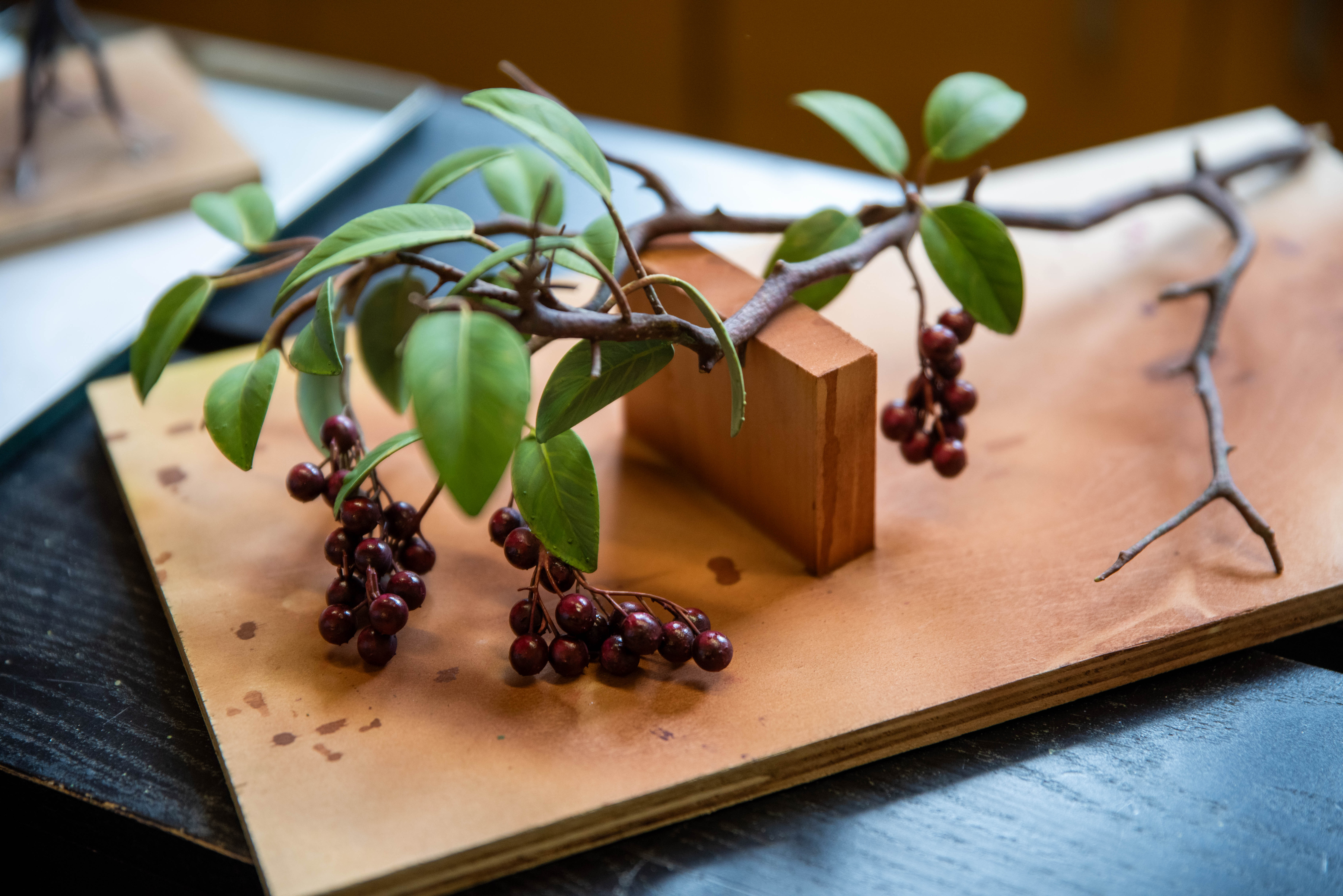 A 3-D printed and hand painted Chokecherry  on a piece of wood.