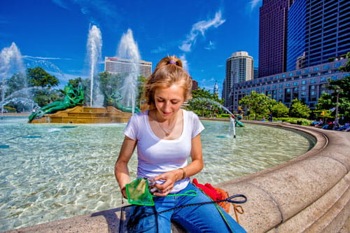 woman at fountain
