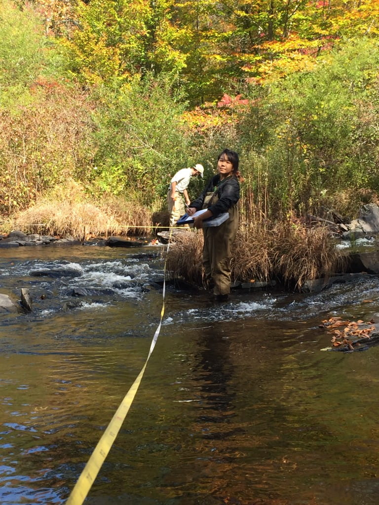 Academy Research Technician Amanda Chan and Staff Scientist II Sylvan Klein conduct a habitat assessment in the Lehigh River . Photo by Nikita Shah/ANS