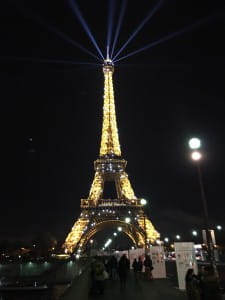 The Eiffel Tower decked out for the climate conference. Photo by Carol Collier
