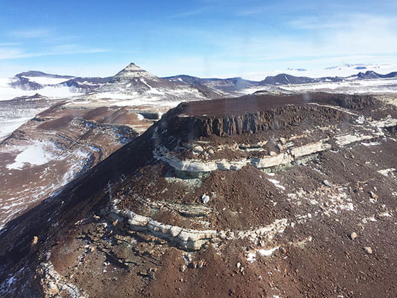 Aerial view of exposures near Aztec Mountain, the planned location of our 2nd field camp.