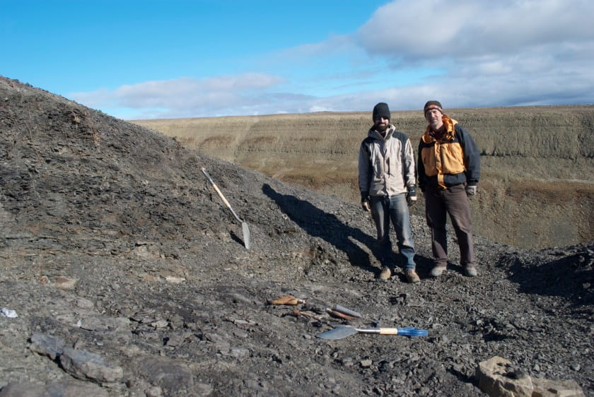 Academy scientists Jason Downs, PhD, and Ted Daeschler, PhD, at the Arctic site where they discovered B. rex.