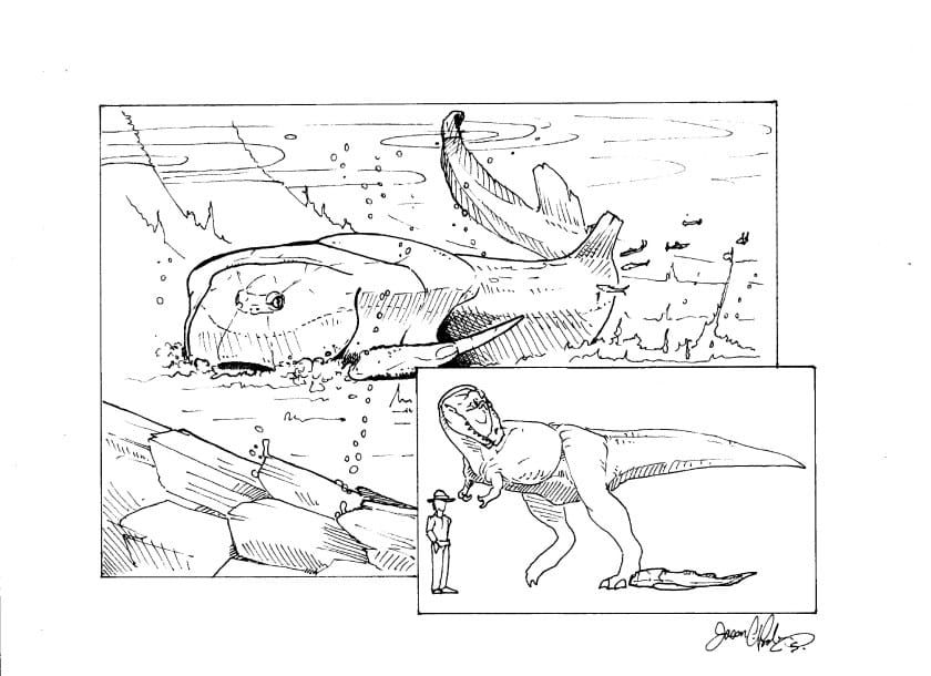 An artist's rendering of what the ancient armored fish may have looked like when alive. Insect: T. rex, B. rex and Man. Artist: Jason Poole/ANS