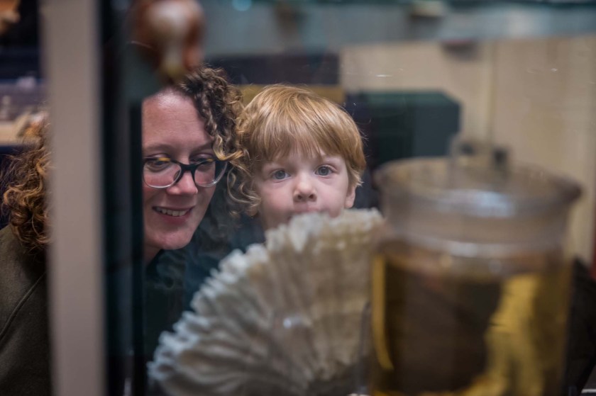 Mom and child look at specimen in jar