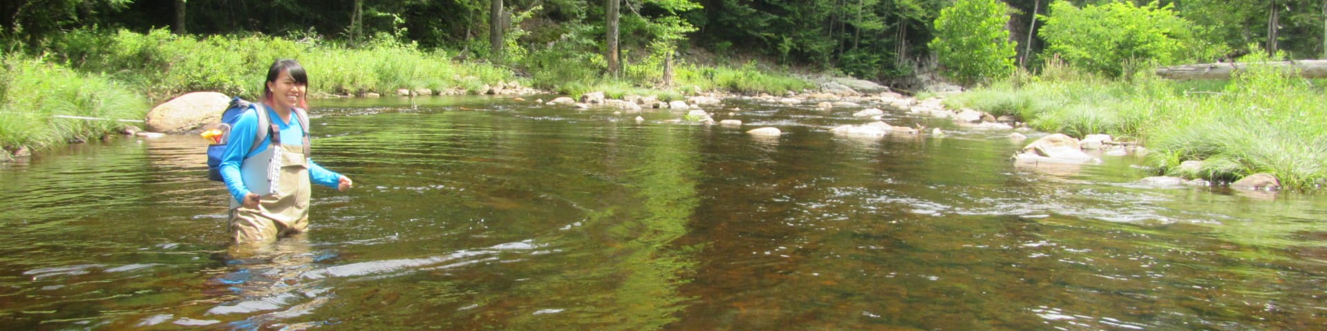 Female scientist wades hip deep in large stream