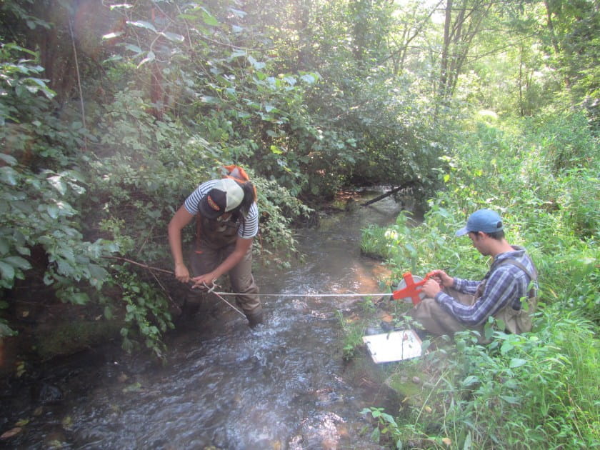 Two scientists measuring stream