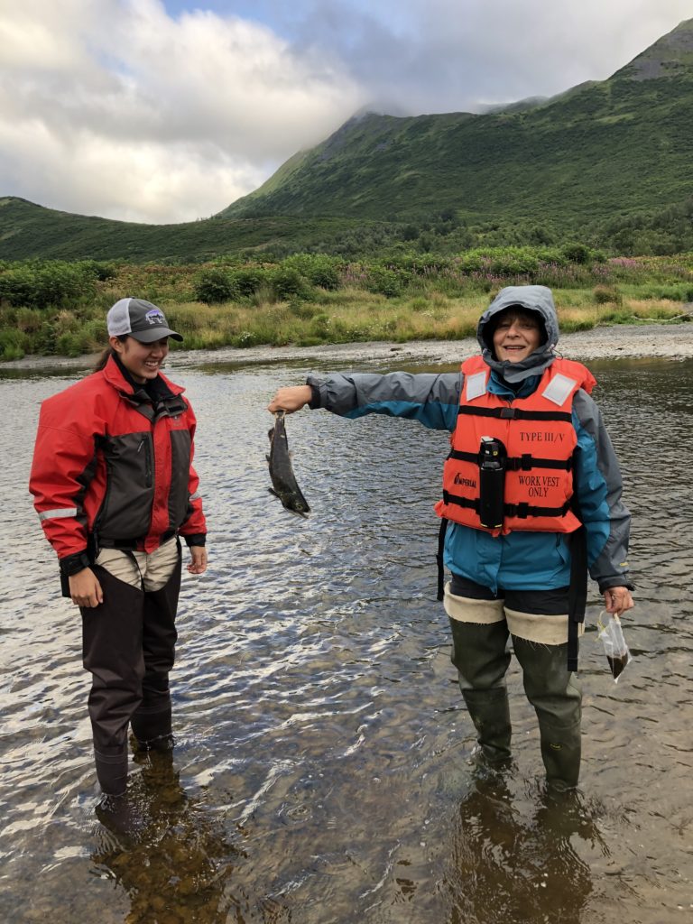 Female scientists examine fresh caught fish while wading in lake