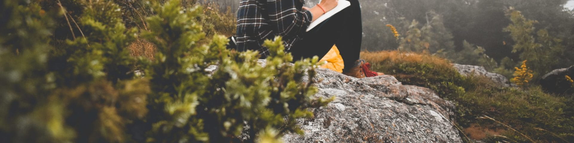 young woman writing in journal in wilderness