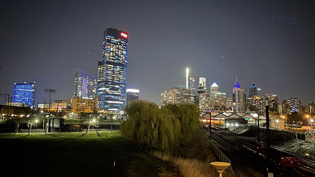 Philly skyline with lights on