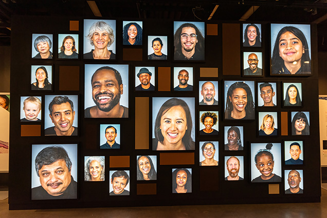 A wall of many displays each with a human face of different ethnicities.