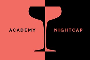 academy nightcap text on pink and black background with wine glass