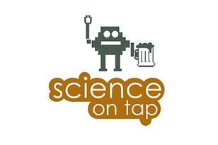 "Science on tap" A small robot with a mug it its hand.