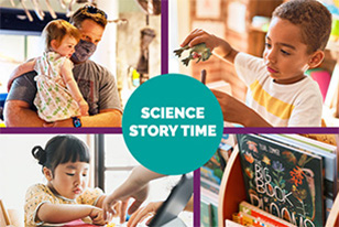 A collage of children having fun with the text "Science Story Time"