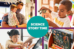 A collage of children having fun with the text "Science Story Time"