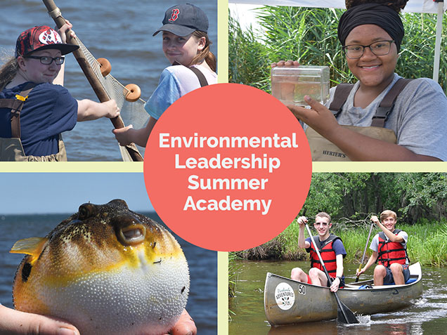 environmental leadership academy with images of students fishing with net, pufferfish, students in canoe