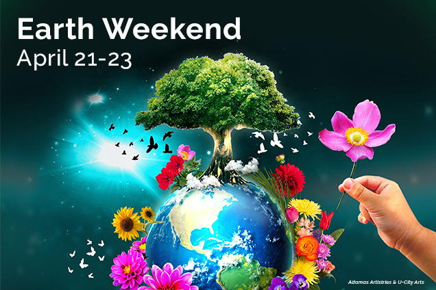 earth weekend graphic with tree and flowers on top of earth