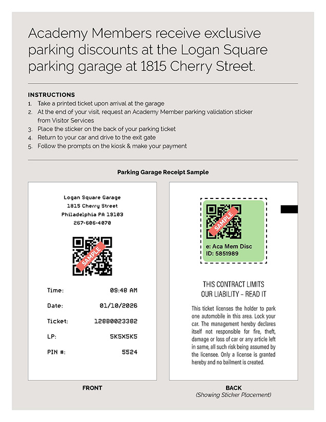 Academy members receive exclusive parking discounts at the Logan Square parking garage at 1815 Cherry Street.