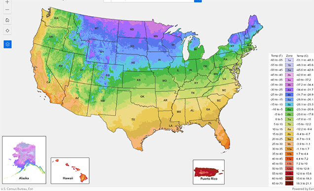 colorful map of the USA showing plant hardiness zones by color