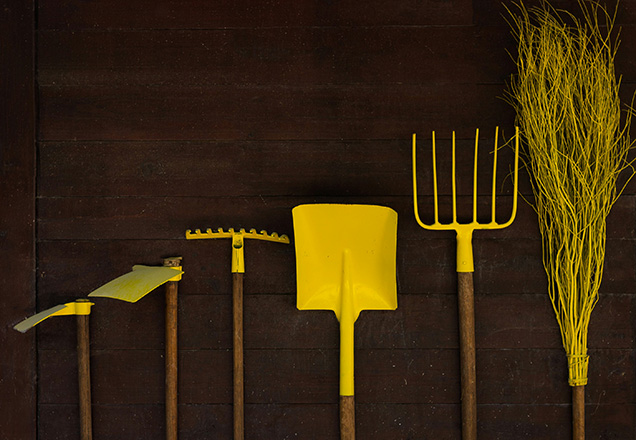 6 different yellow gardening tools lined up along a wooden wall.