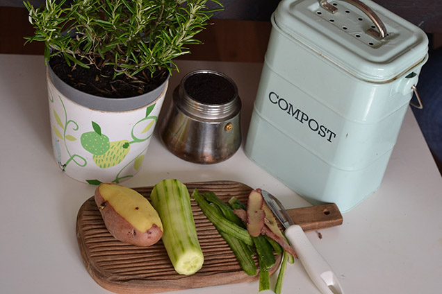 kitchen counter with compost bin and cut vegetables