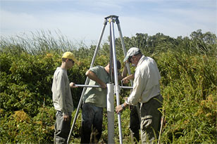field crew taking a sediment core sample from a tidal marsh