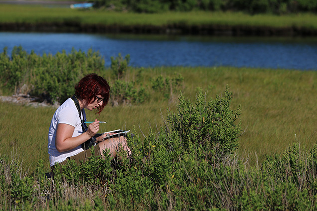 An image of artist of Kate Garchinsky sketching in a field by a river.