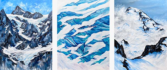 Three paintings of mountains.