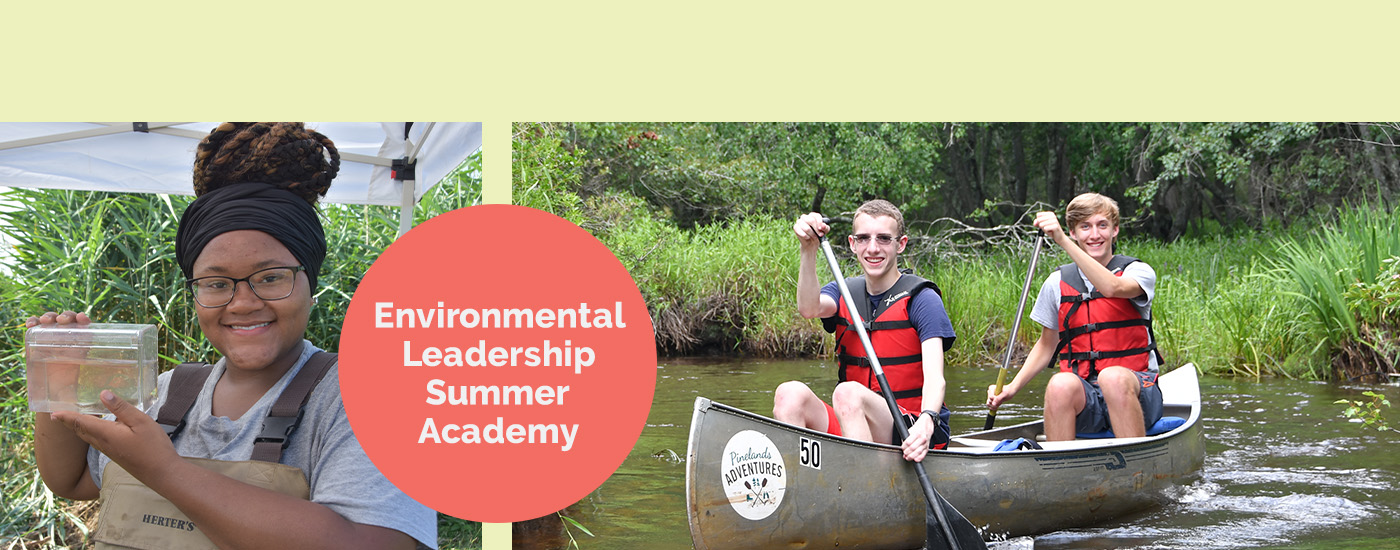 environmental leadership academy with images of students fishing with net, pufferfish, students in canoe