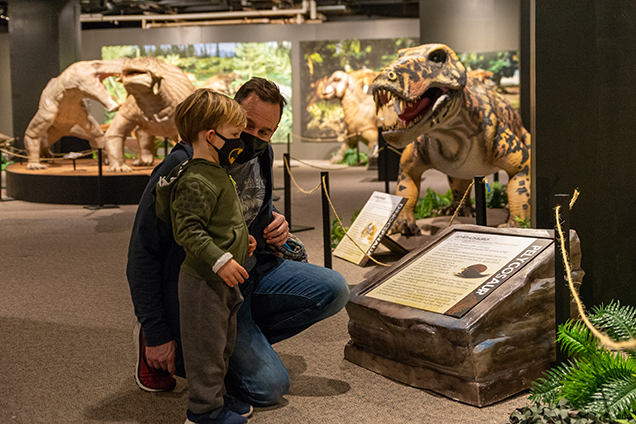 man with young boy wearing masks looking at dinosaur