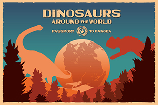 Dinosaur illustration with text Dinosaurs Around the World